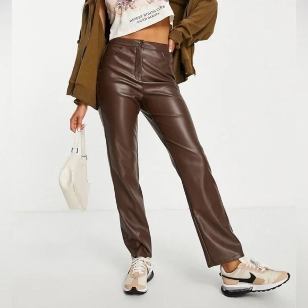BCBG Maxazria Womens Brown Faux Leather Work Pants Slacks - SIZE 8